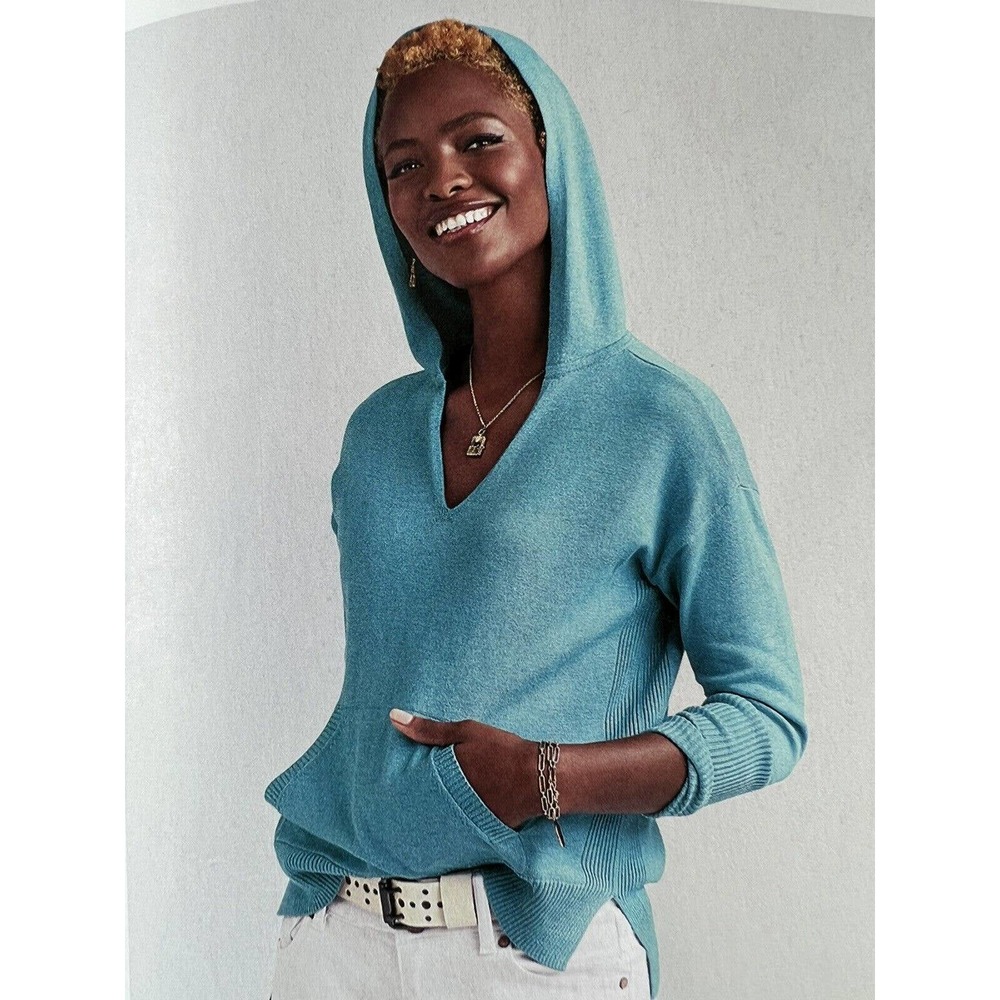 Cabi Women's Knitted Pullover Hoodie Sweater Long Sleeve Aqua Blue Size M